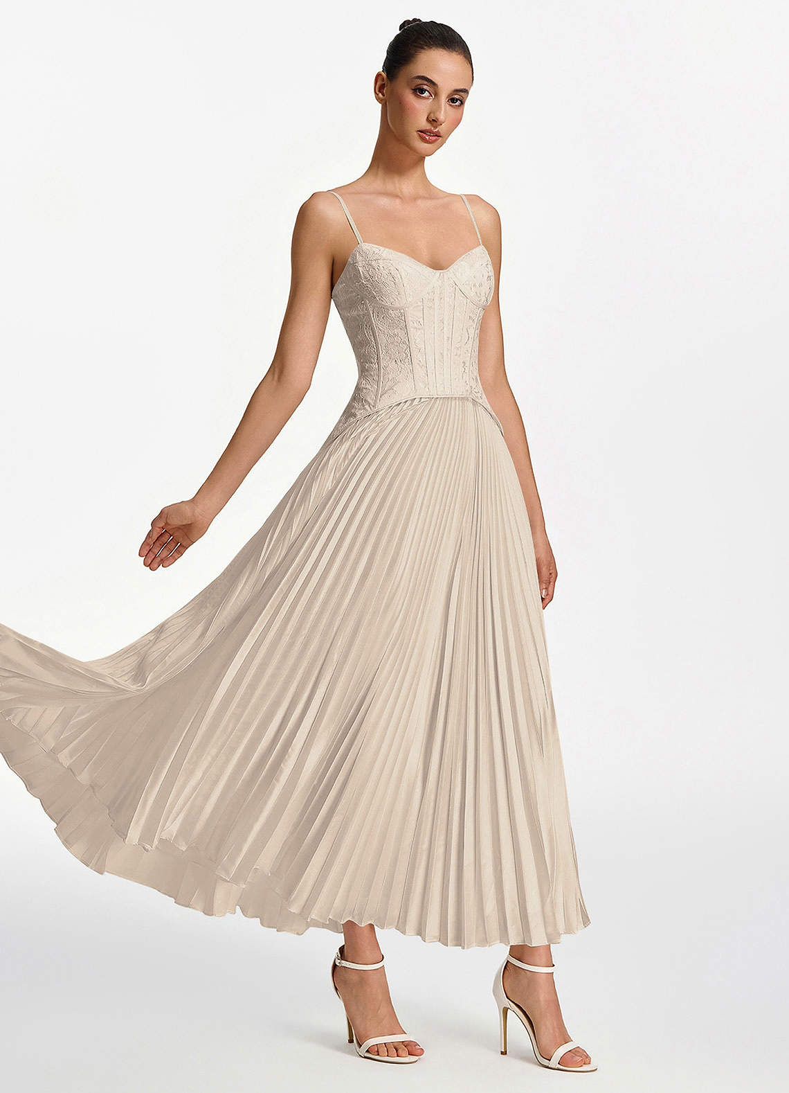 Isolde A-Line Corset Lace Satin Prom Dress in champagne