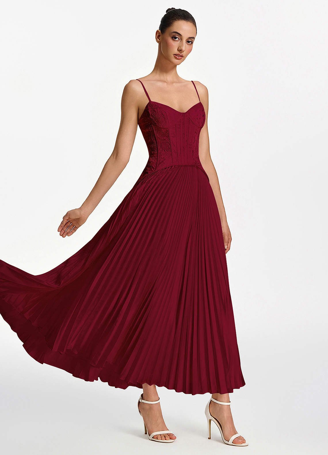 Isolde A-Line Corset Lace Satin Prom Dress in Burgundy