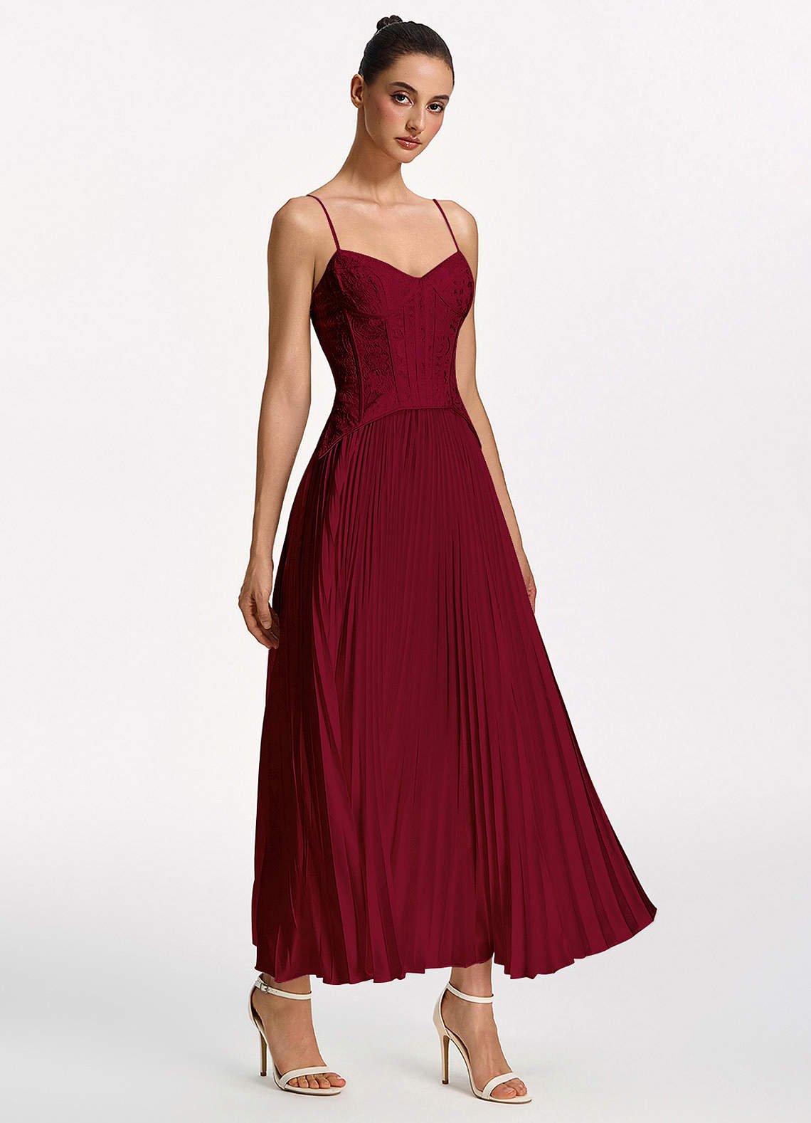 Isolde A-Line Corset Lace Satin Prom Dress in Burgundy