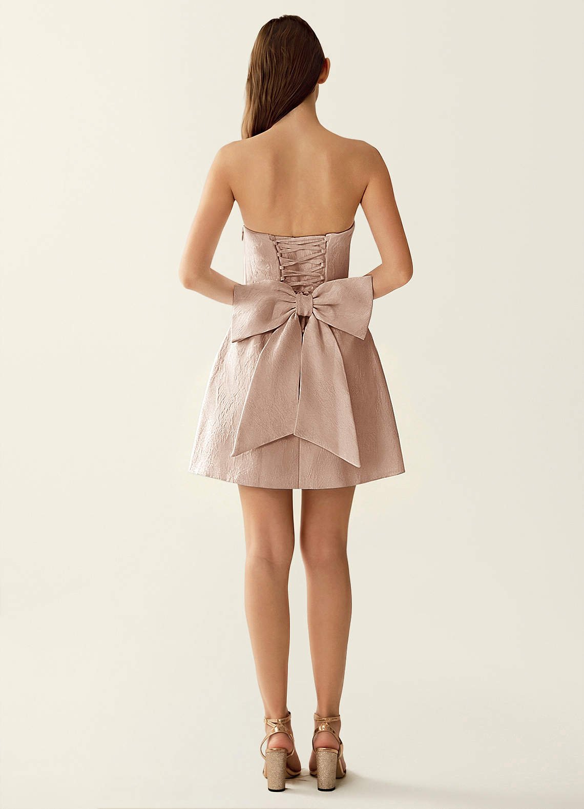 Hadleigh Fit-and-Flare Mini Strapless Jacquard Prom Dress in Light Apricot