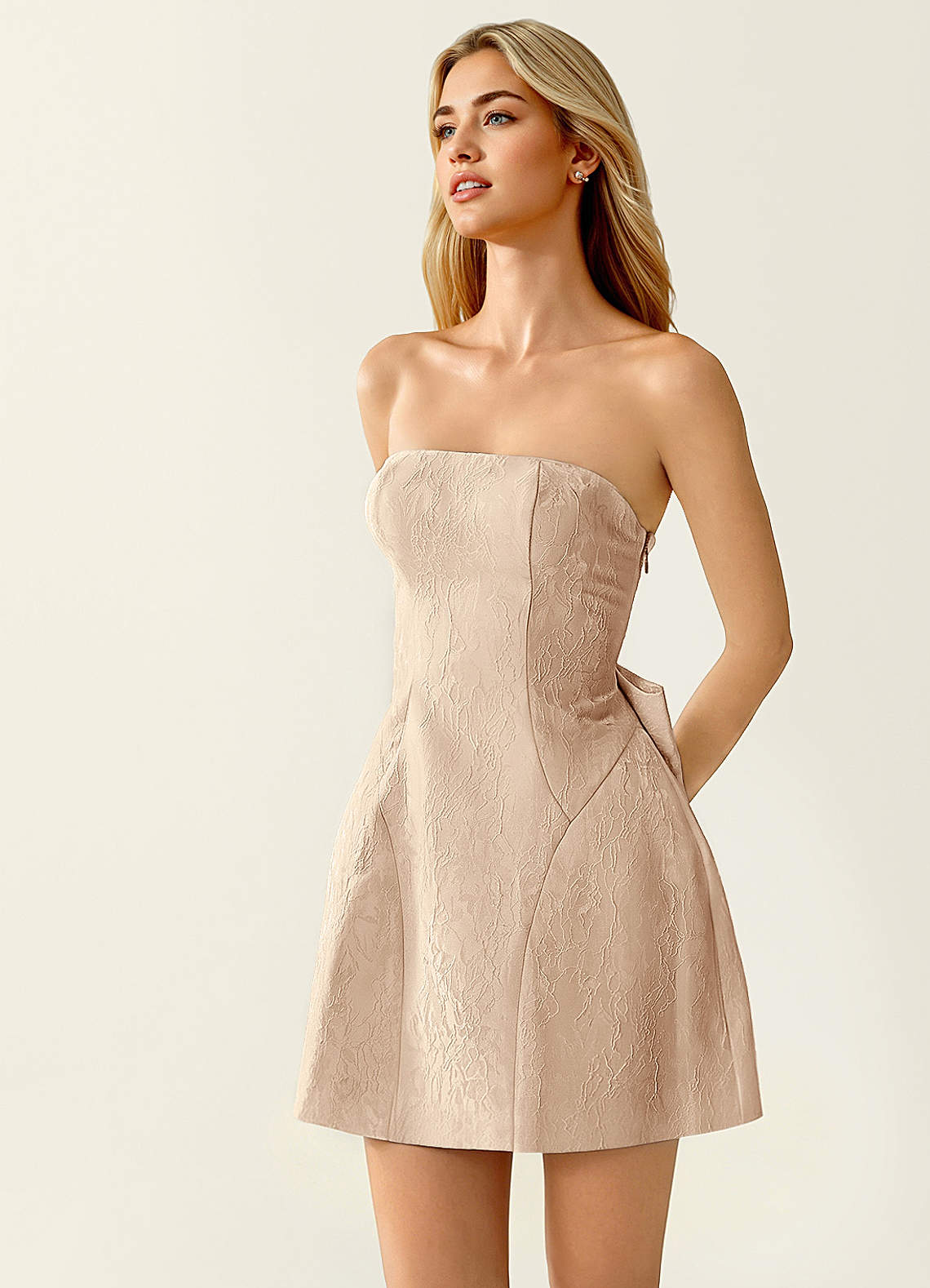 Hadleigh Fit-and-Flare Mini Strapless Jacquard Prom Dress in Champagne
