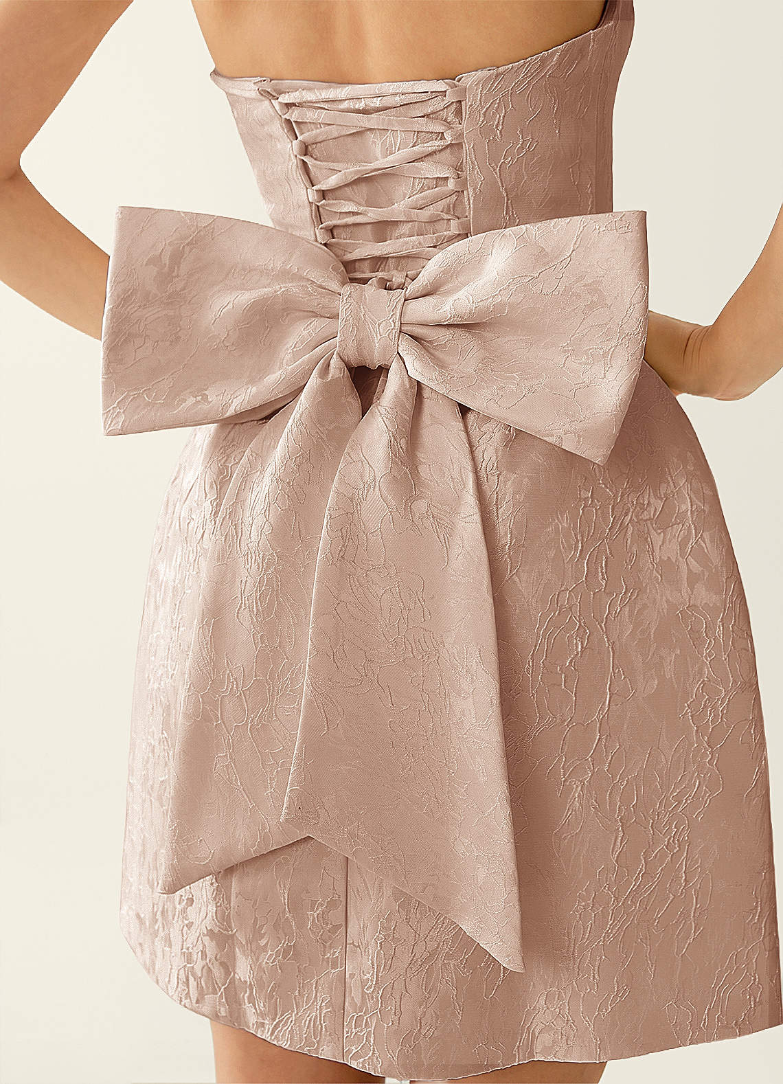 Hadleigh Fit-and-Flare Mini Strapless Jacquard Prom Dress in Light Apricot