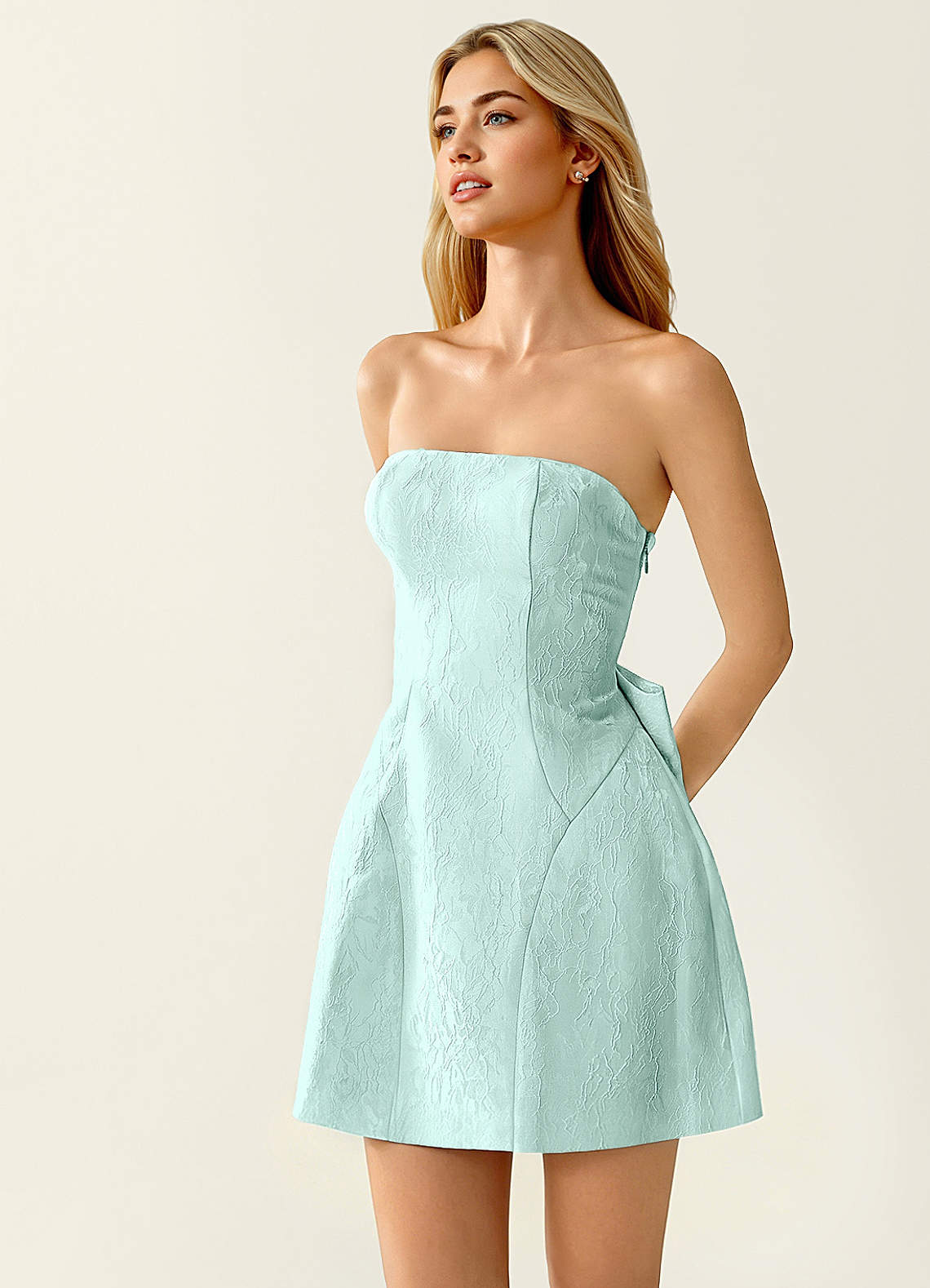 Hadleigh Fit-and-Flare Mini Strapless Jacquard Prom Dress in Mint Green