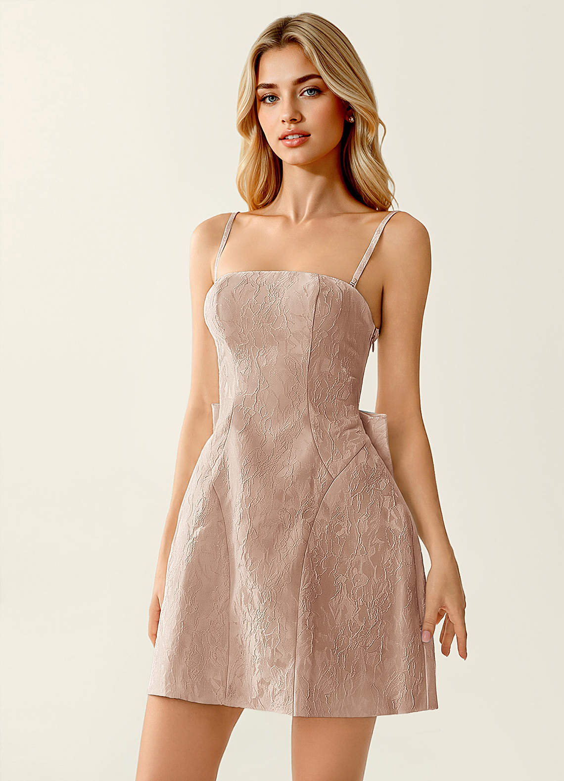 Hadleigh Fit-and-Flare Mini Strapless Jacquard Prom Dress in Light Apricot