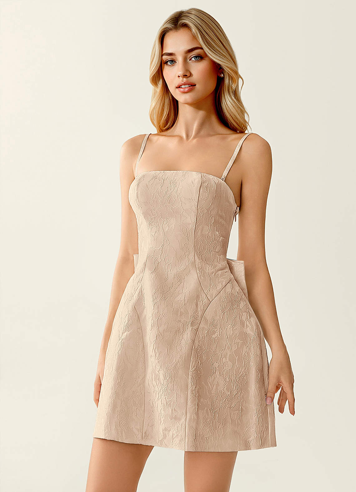 Hadleigh Fit-and-Flare Mini Strapless Jacquard Prom Dress in Champagne