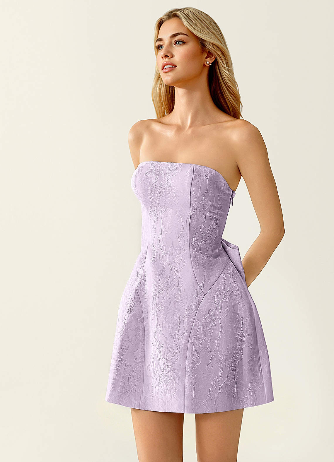 Hadleigh Fit-and-Flare Mini Strapless Jacquard Prom Dress in Light Purple