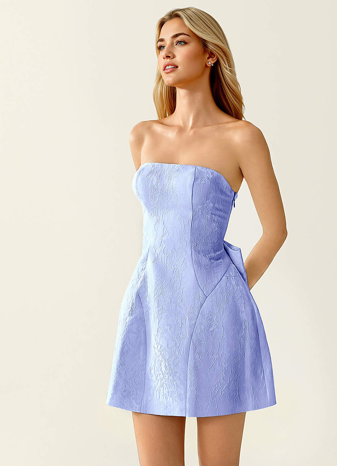 Hadleigh Fit-and-Flare Mini Strapless Jacquard Prom Dress in Periwinkle