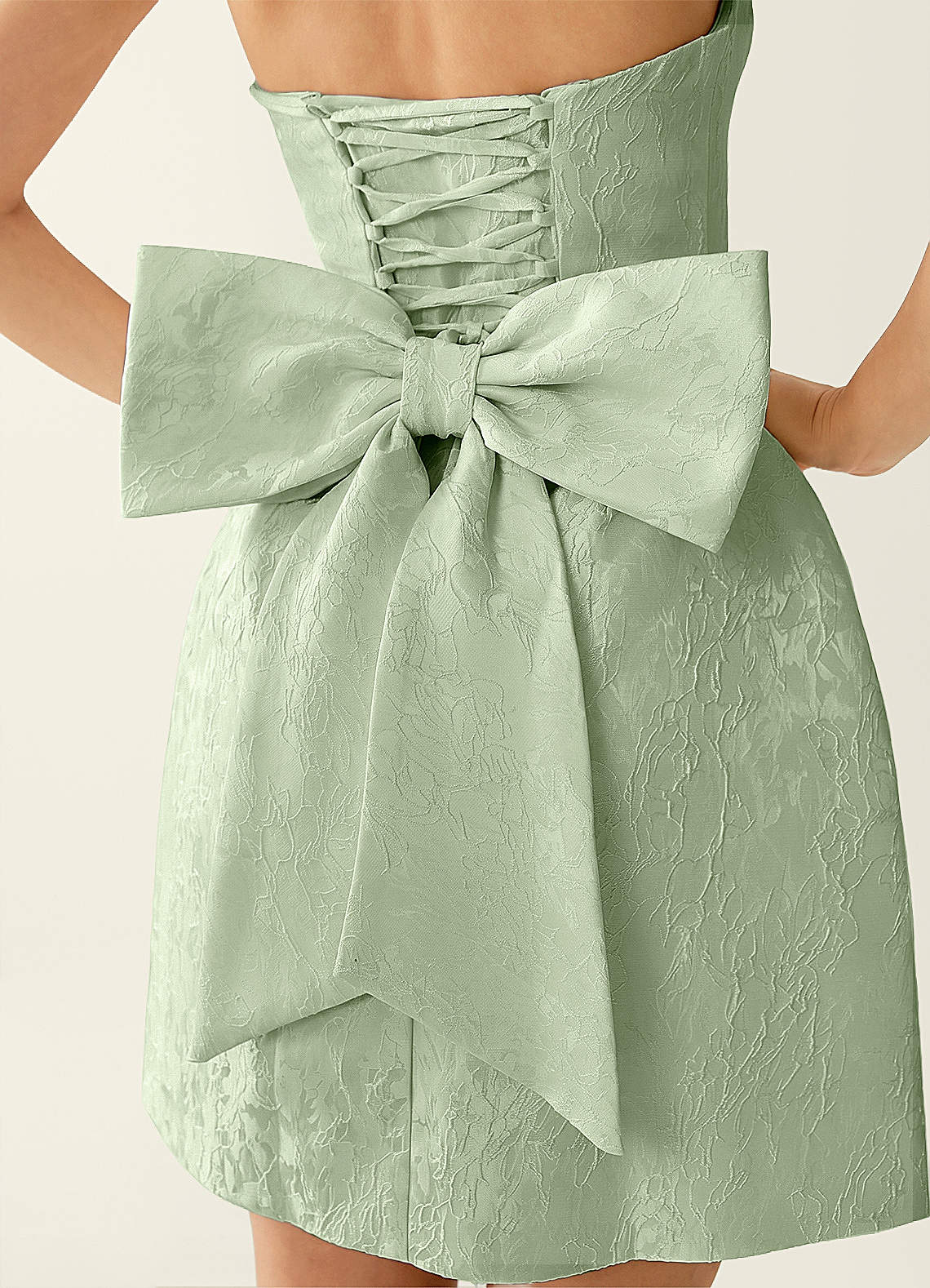 Hadleigh Fit-and-Flare Mini Strapless Jacquard Prom Dress in Sage