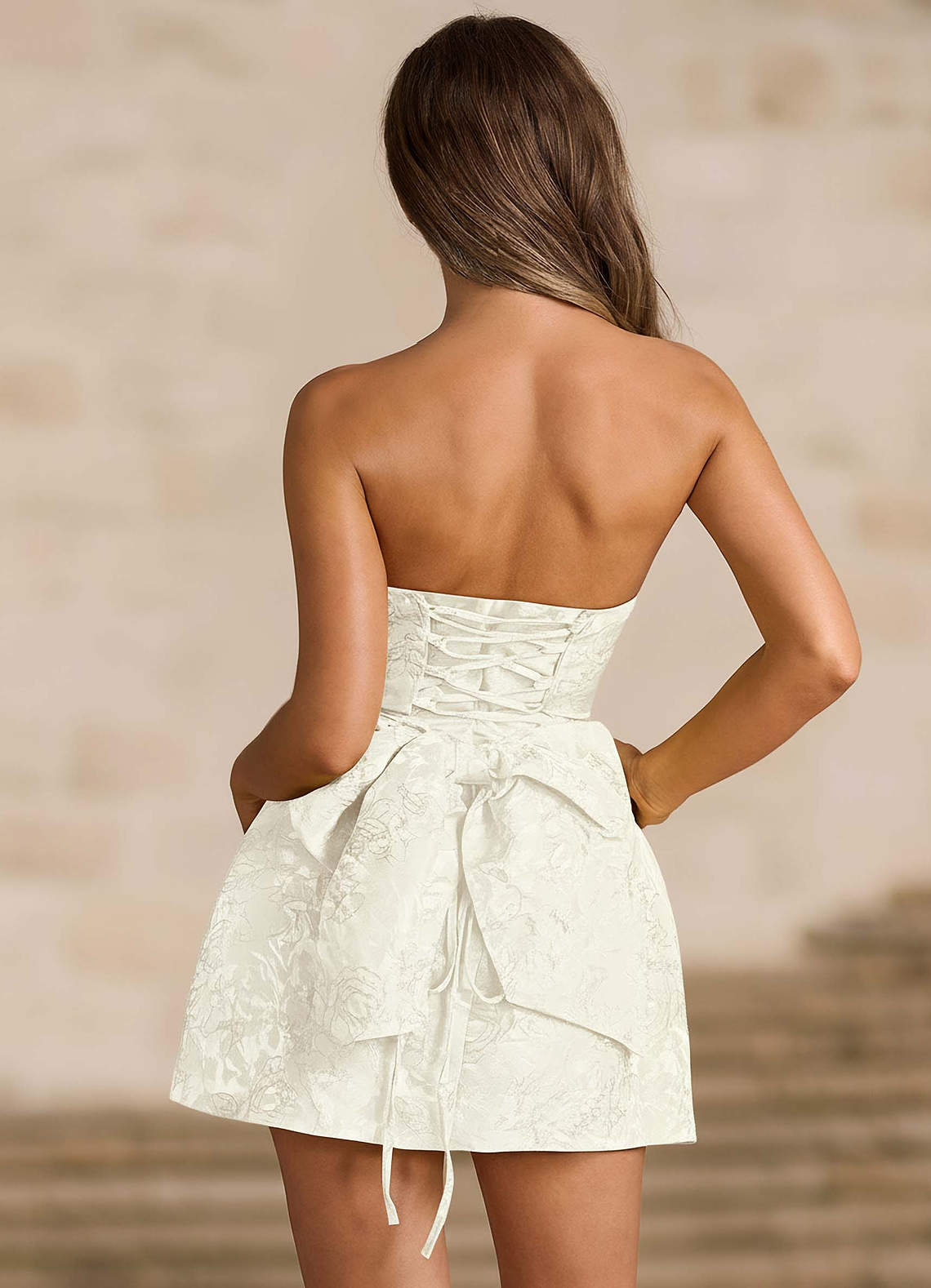 Hadleigh Fit-and-Flare Mini Strapless Jacquard Prom Dress in Cream