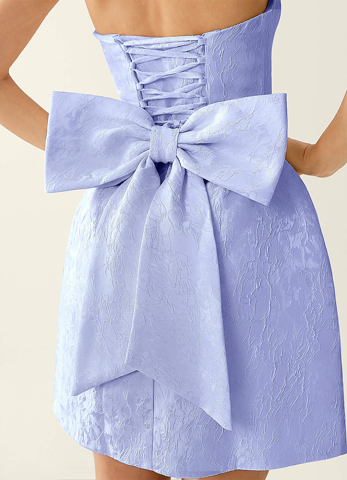 Hadleigh Fit-and-Flare Mini Strapless Jacquard Prom Dress in Periwinkle