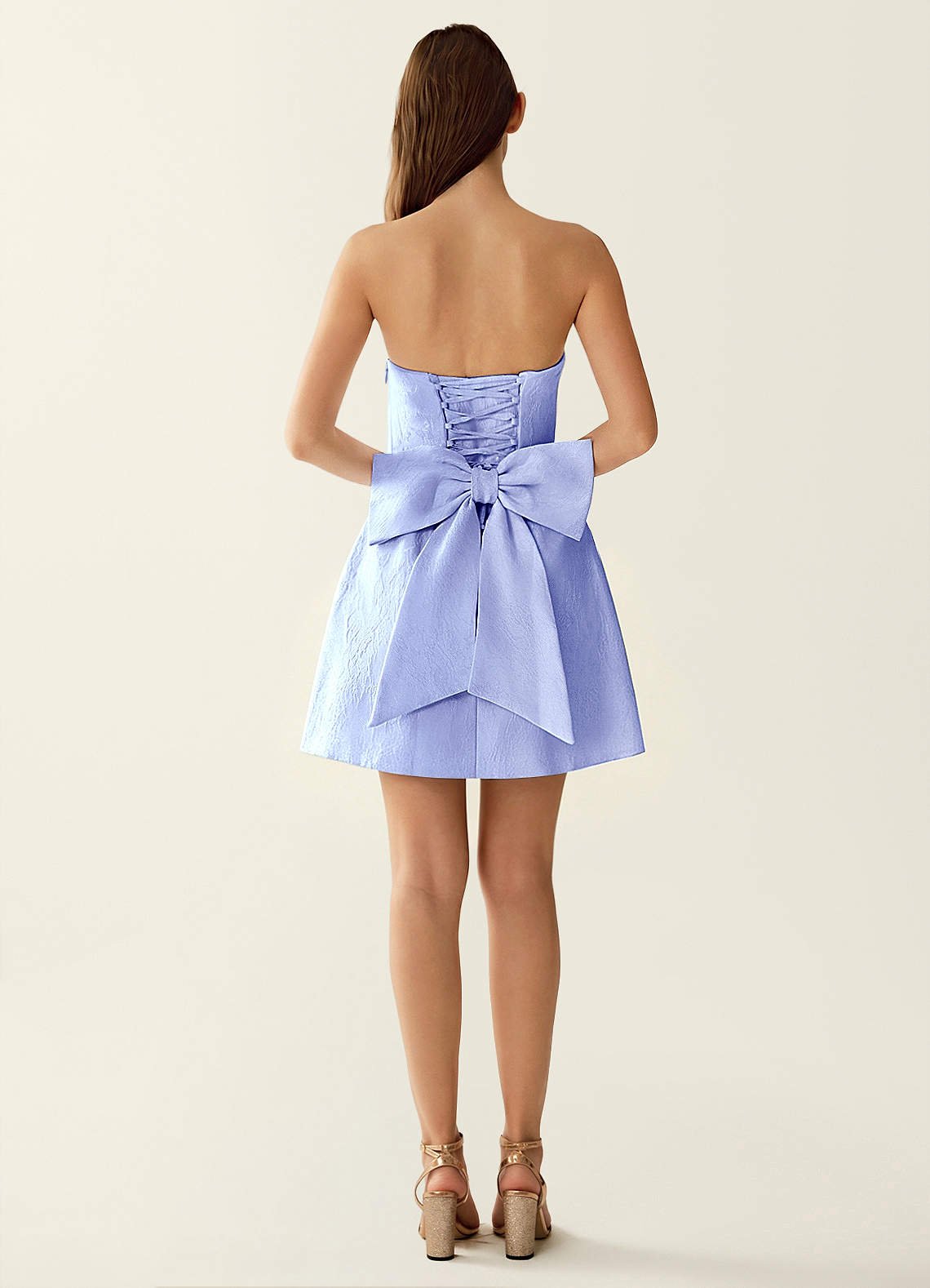 Hadleigh Fit-and-Flare Mini Strapless Jacquard Prom Dress in Periwinkle