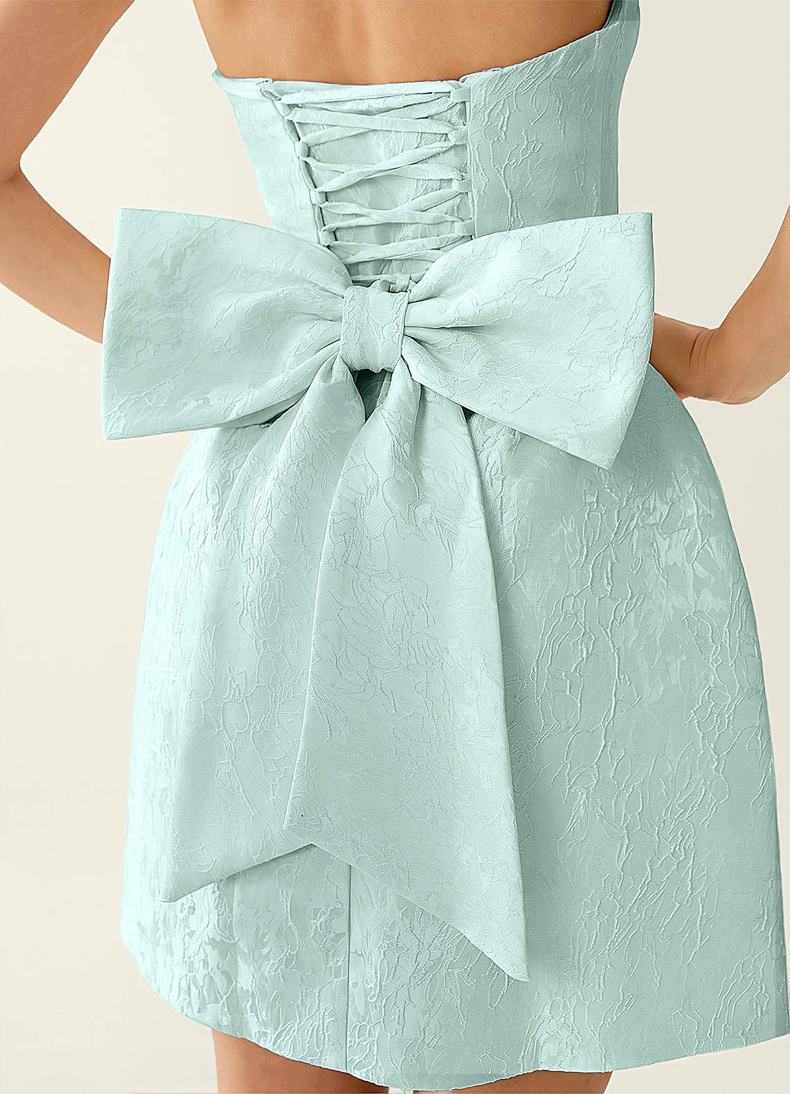 Hadleigh Fit-and-Flare Mini Strapless Jacquard Prom Dress in Mint Green