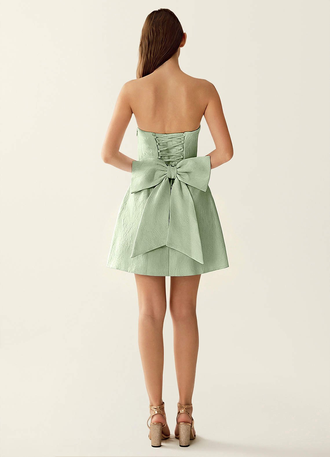 Hadleigh Fit-and-Flare Mini Strapless Jacquard Prom Dress in Sage