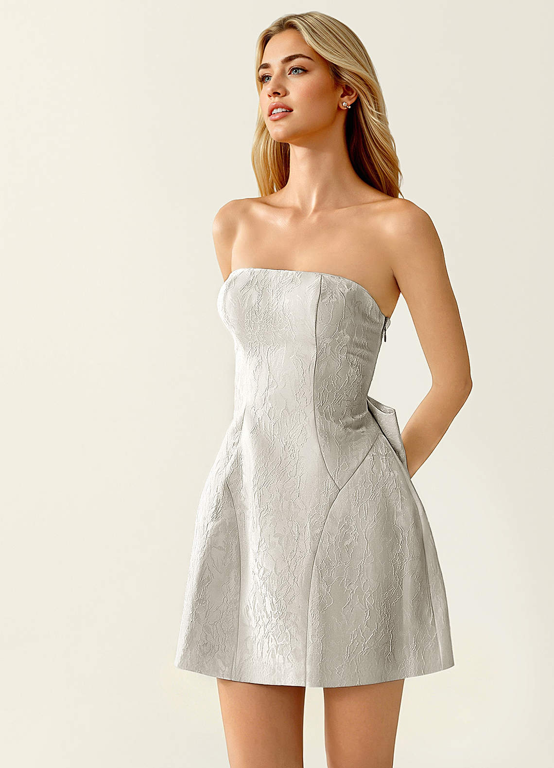Hadleigh Fit-and-Flare Mini Strapless Jacquard Prom Dress in Light Grayt
