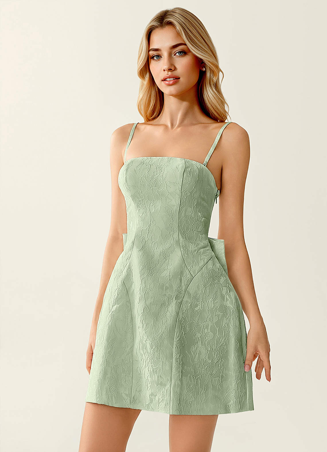 Hadleigh Fit-and-Flare Mini Strapless Jacquard Prom Dress in Sage