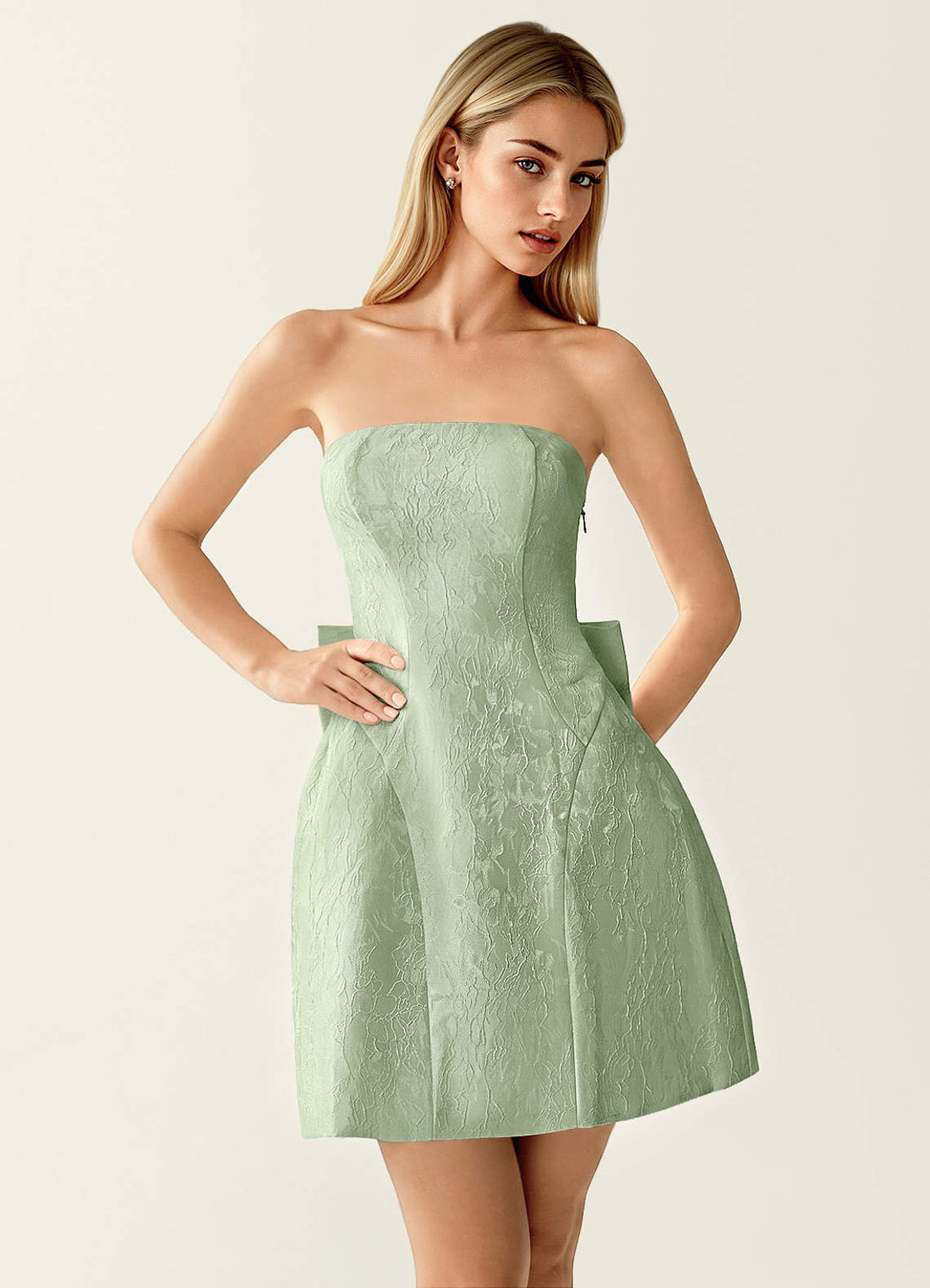 Hadleigh Fit-and-Flare Mini Strapless Jacquard Prom Dress in Sage