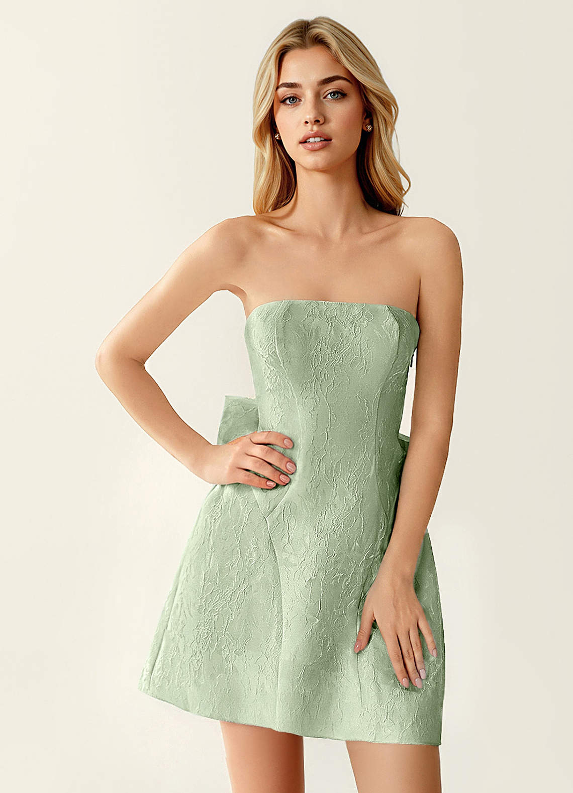 Hadleigh Fit-and-Flare Mini Strapless Jacquard Prom Dress in Sage