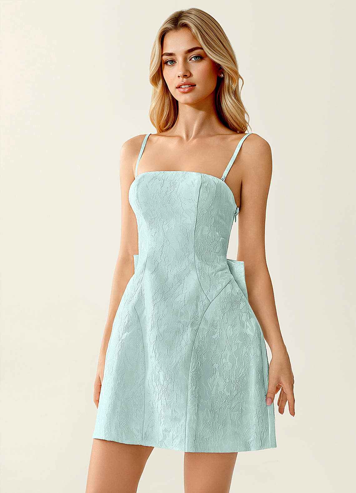Hadleigh Fit-and-Flare Mini Strapless Jacquard Prom Dress in Mint Green