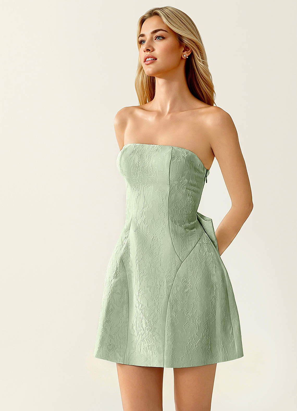 Hadleigh Fit-and-Flare Mini Strapless Jacquard Prom Dress in Sage
