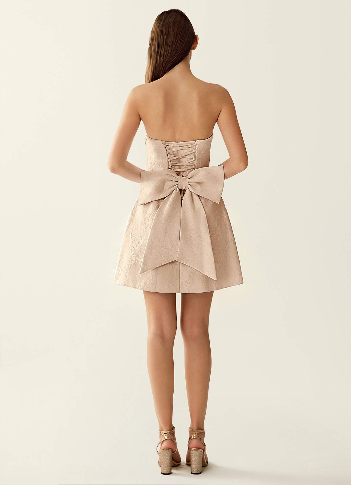 Hadleigh Fit-and-Flare Mini Strapless Jacquard Prom Dress in Champagne
