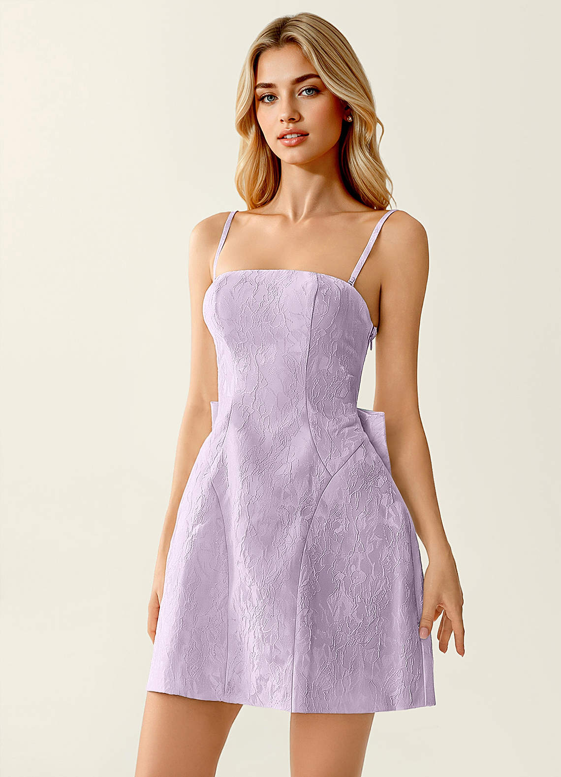 Hadleigh Fit-and-Flare Mini Strapless Jacquard Prom Dress in Light Purple
