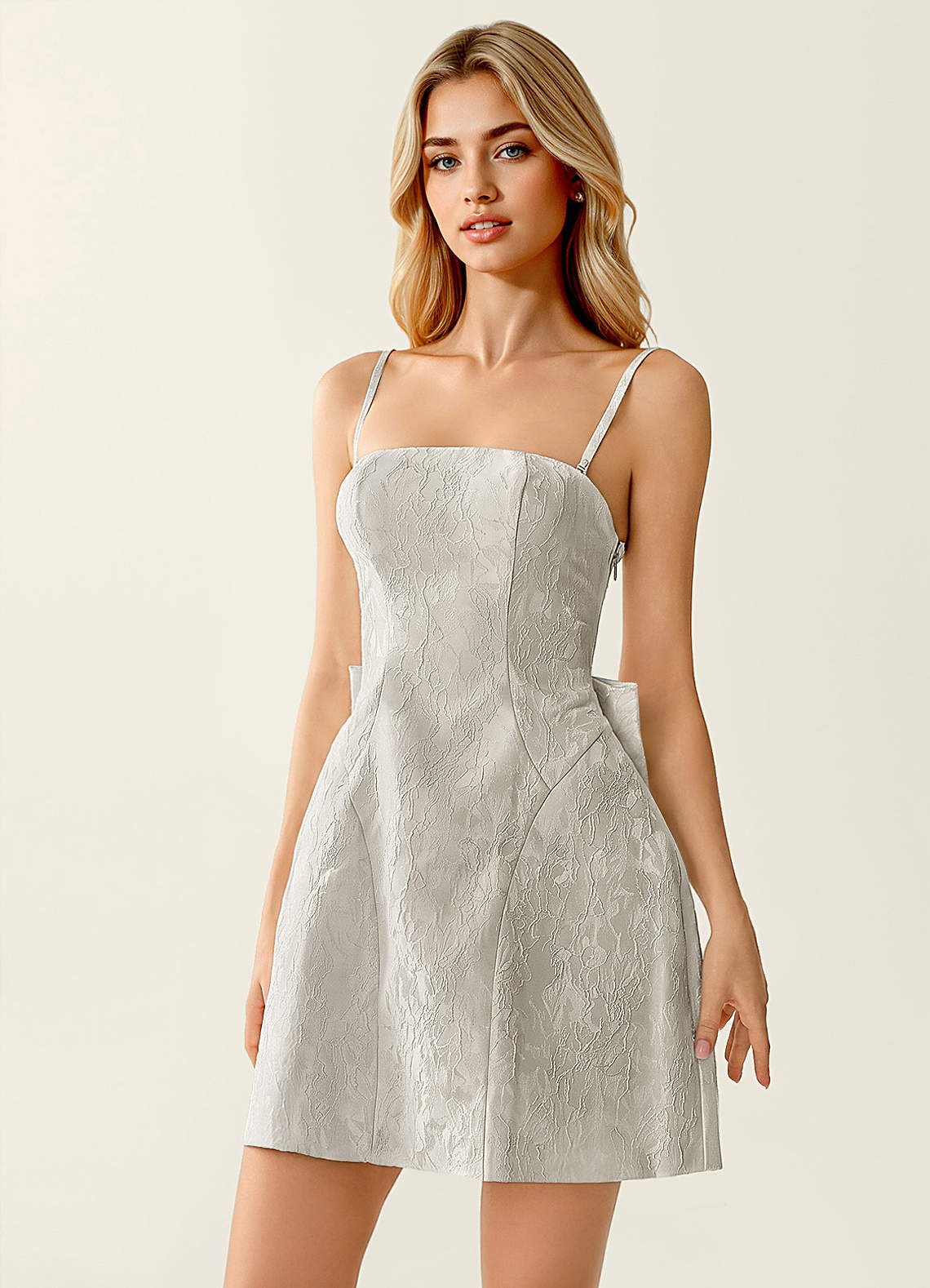 Hadleigh Fit-and-Flare Mini Strapless Jacquard Prom Dress in Light Grayt