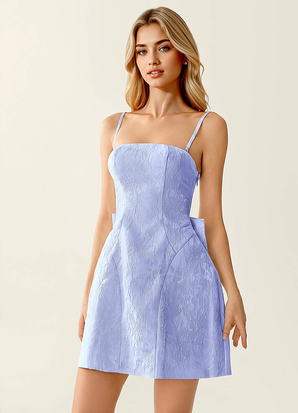 Hadleigh Fit-and-Flare Mini Strapless Jacquard Prom Dress in Periwinkle