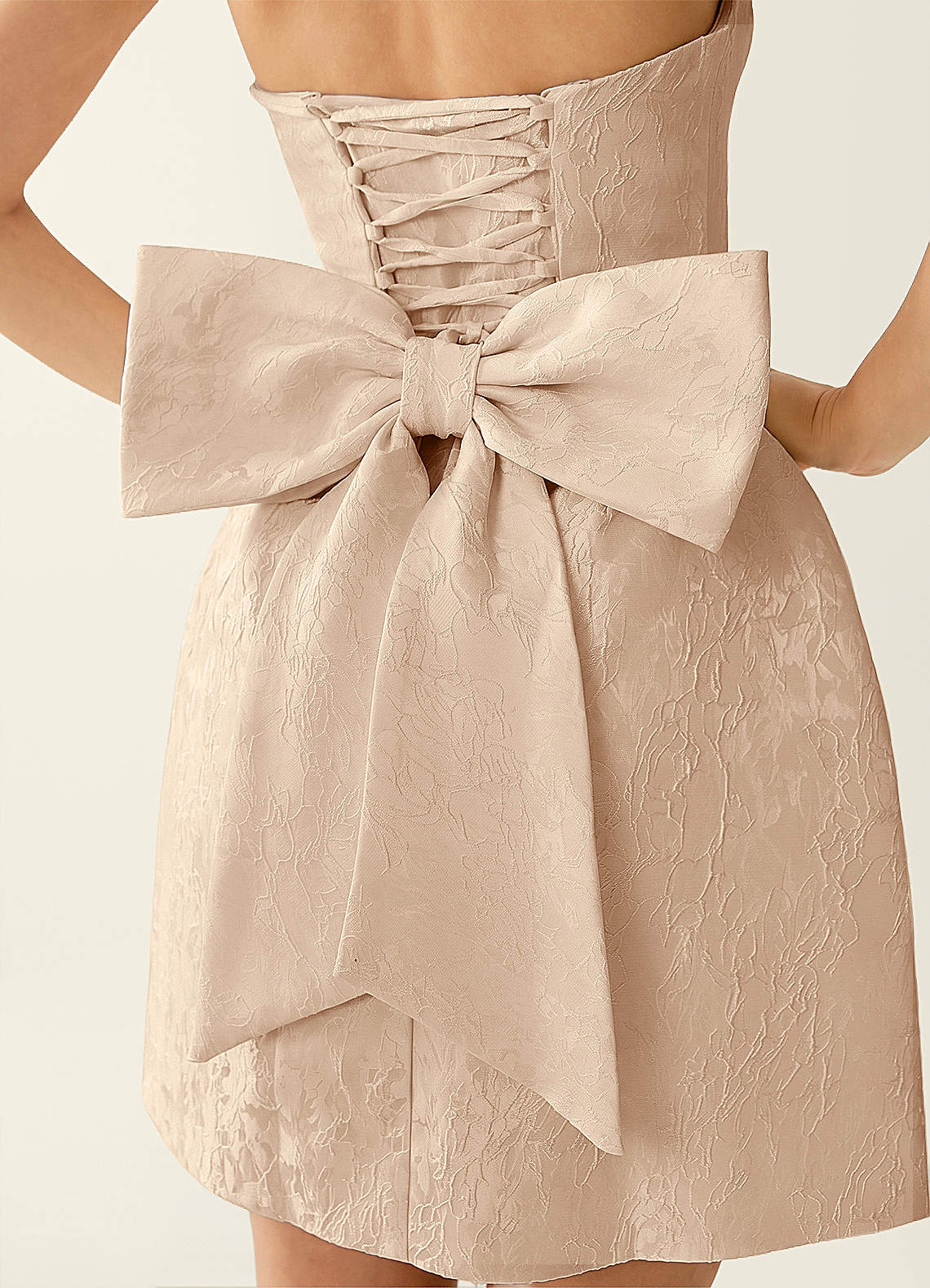 Hadleigh Fit-and-Flare Mini Strapless Jacquard Prom Dress in Champagne