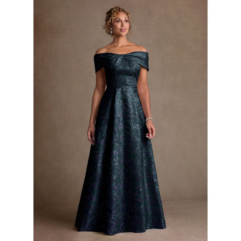 Harriett A-Line Off-the-Shoulder Jacquard Mother of the Bride Dress in Dark Navy - photo 1