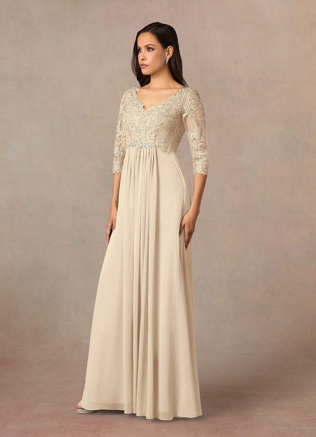 Hayek A-Line V-Neck Chiffon and Lace Mother of the Bride Dress in champagne