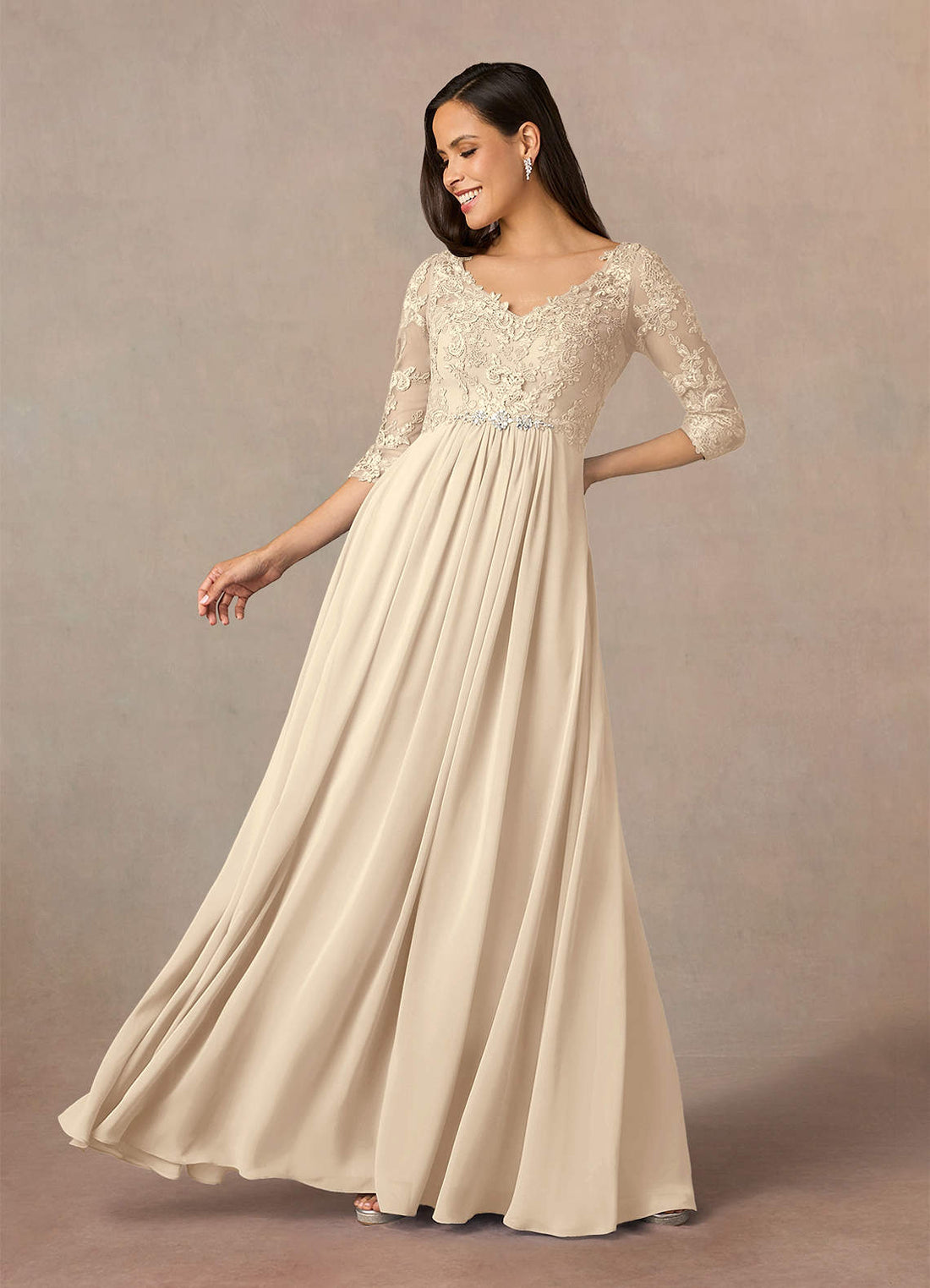 Hayek A-Line V-Neck Chiffon and Lace Mother of the Bride Dress in champagne