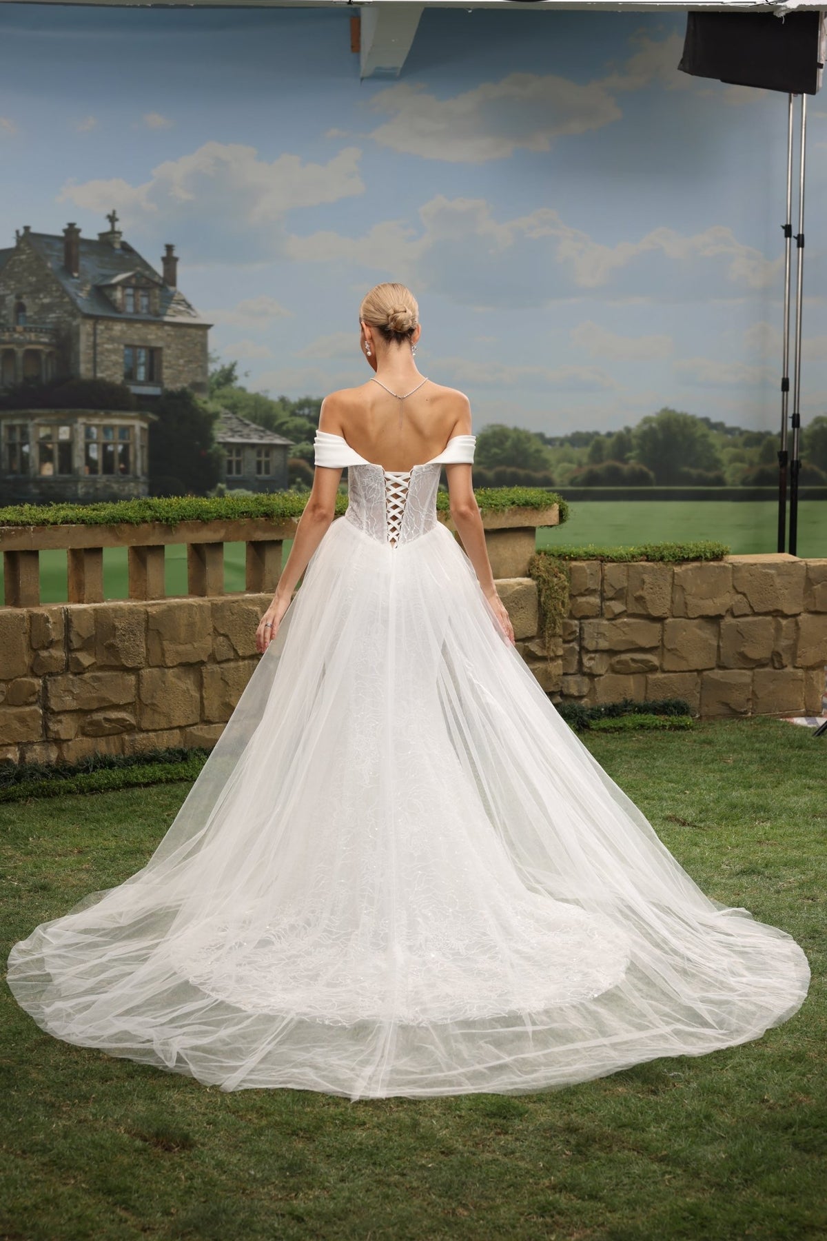Helia Mermaid Off-the-Shoulder Straight-Neck wedding dress — back view