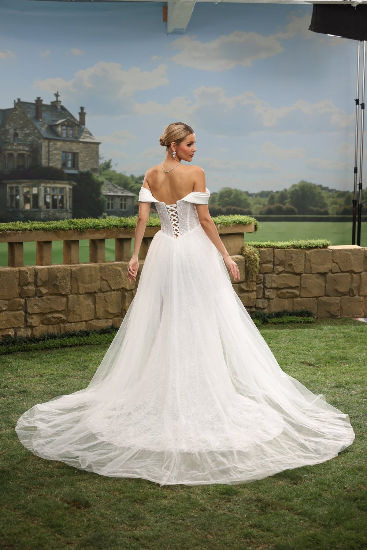 Helia Mermaid Off-the-Shoulder Straight-Neck wedding dress — back view