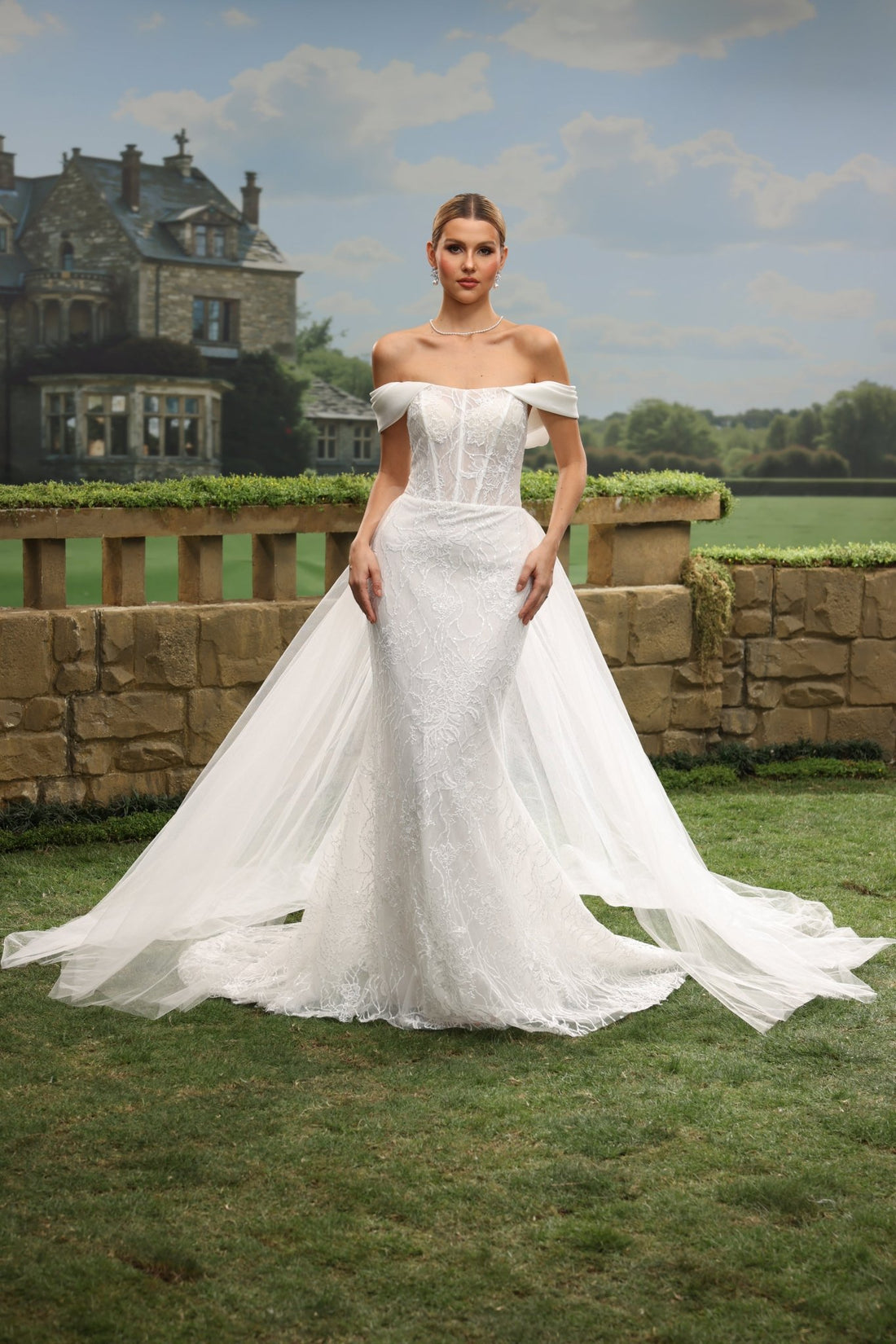 Helia Mermaid Off-the-Shoulder Straight-Neck wedding dress — front view
