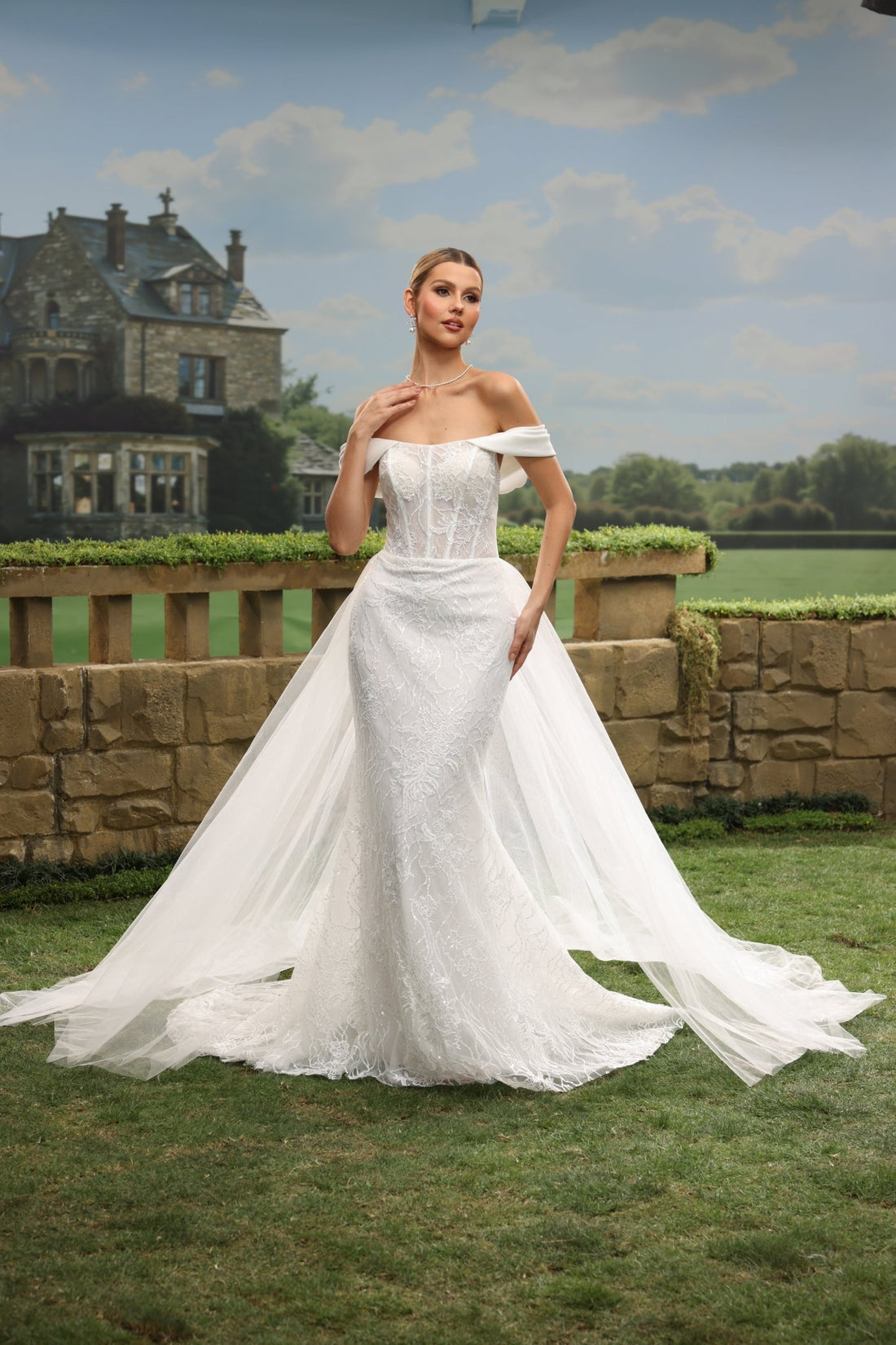 Helia Mermaid Off-the-Shoulder Straight-Neck wedding dress — front view