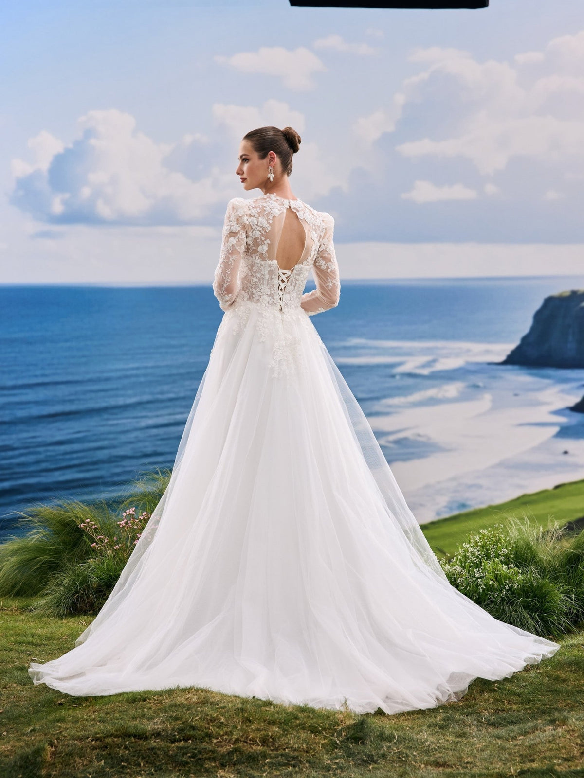 Helora white A-Line wedding dress, back view