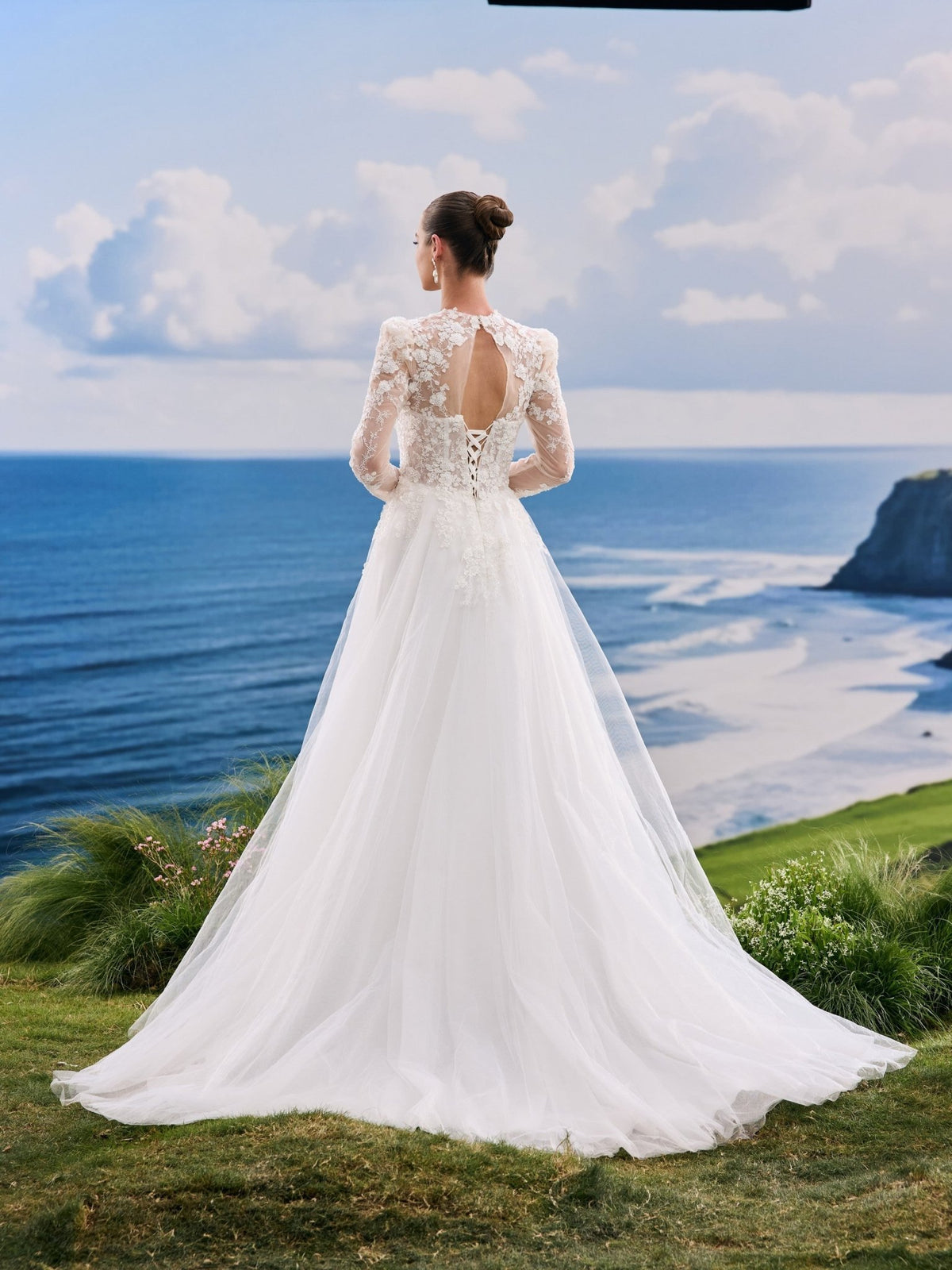 Helora white A-Line wedding dress, back view