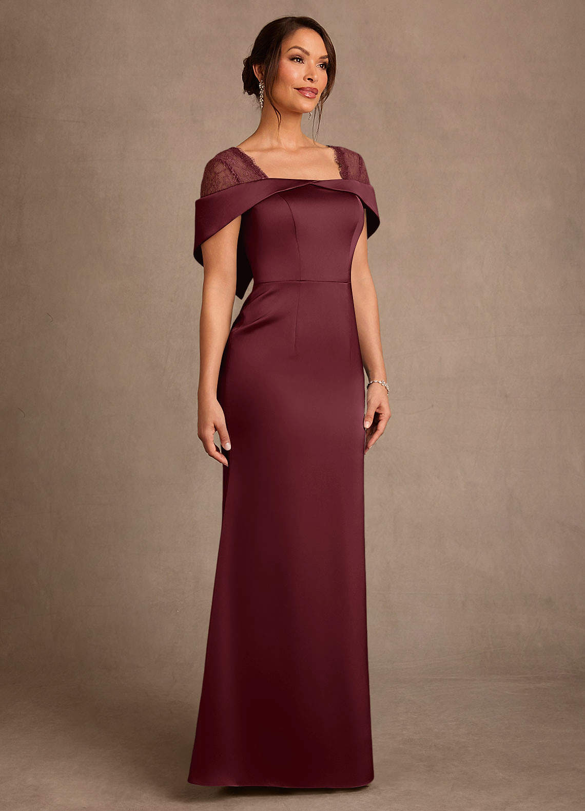 Henrieta Sheath Square-Neck Stretch Satin and Lace Mother of the Bride Dress in Cabernet