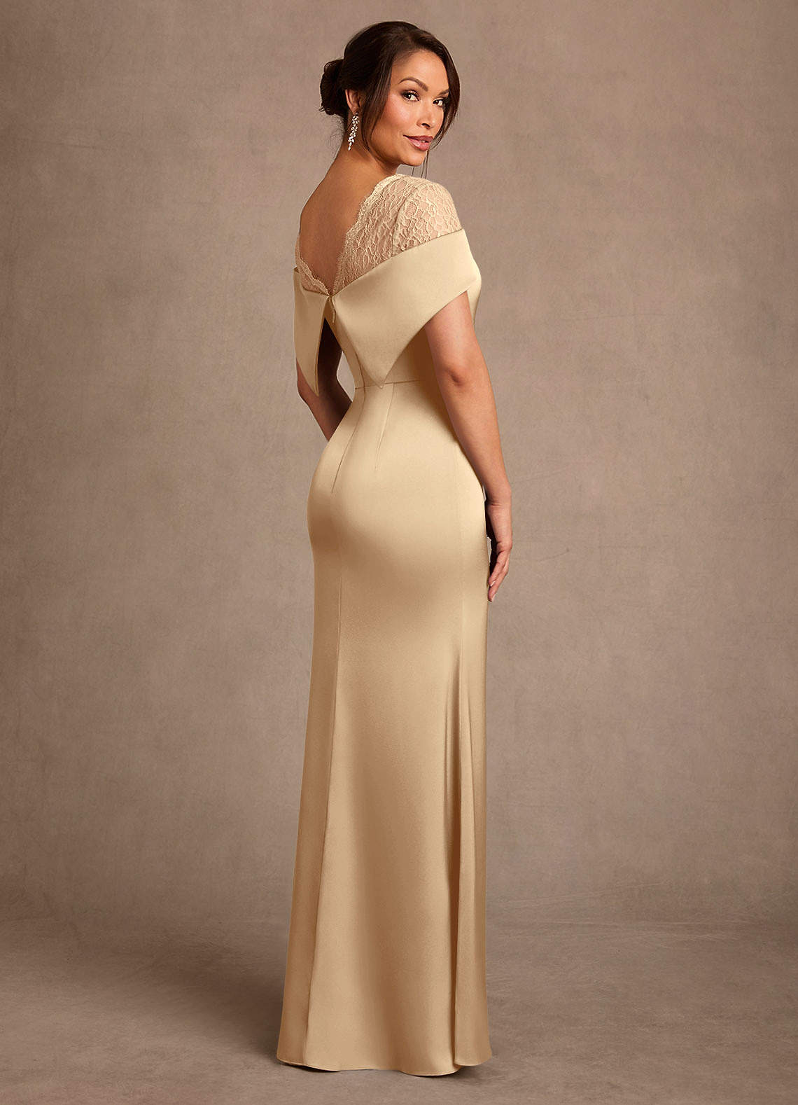 Henrieta Sheath Square-Neck Stretch Satin and Lace Mother of the Bride Dress in champagne