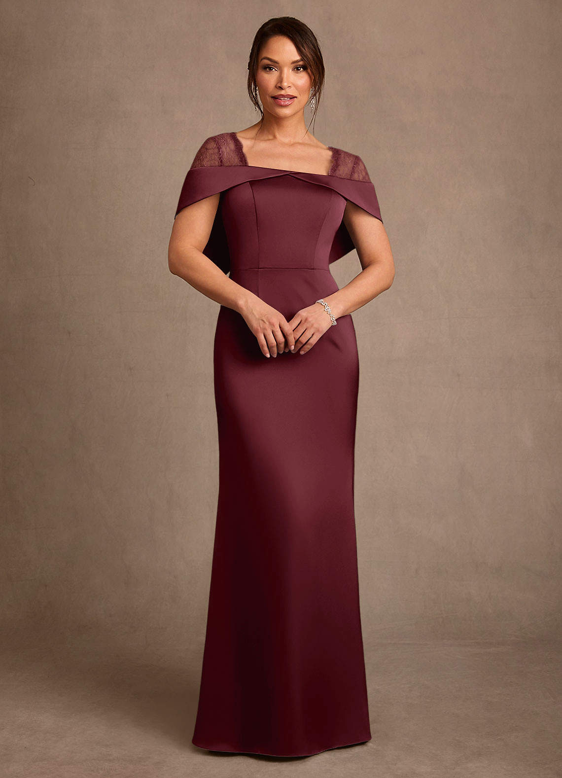 Henrieta Sheath Square-Neck Stretch Satin and Lace Mother of the Bride Dress in Cabernet