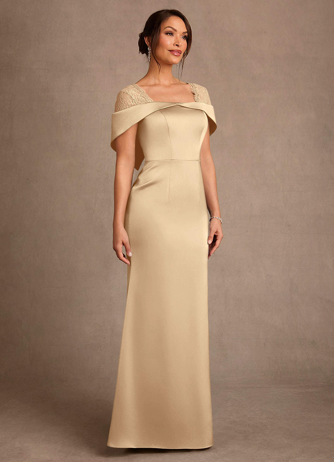 Henrieta Sheath Square-Neck Stretch Satin and Lace Mother of the Bride Dress in champagne