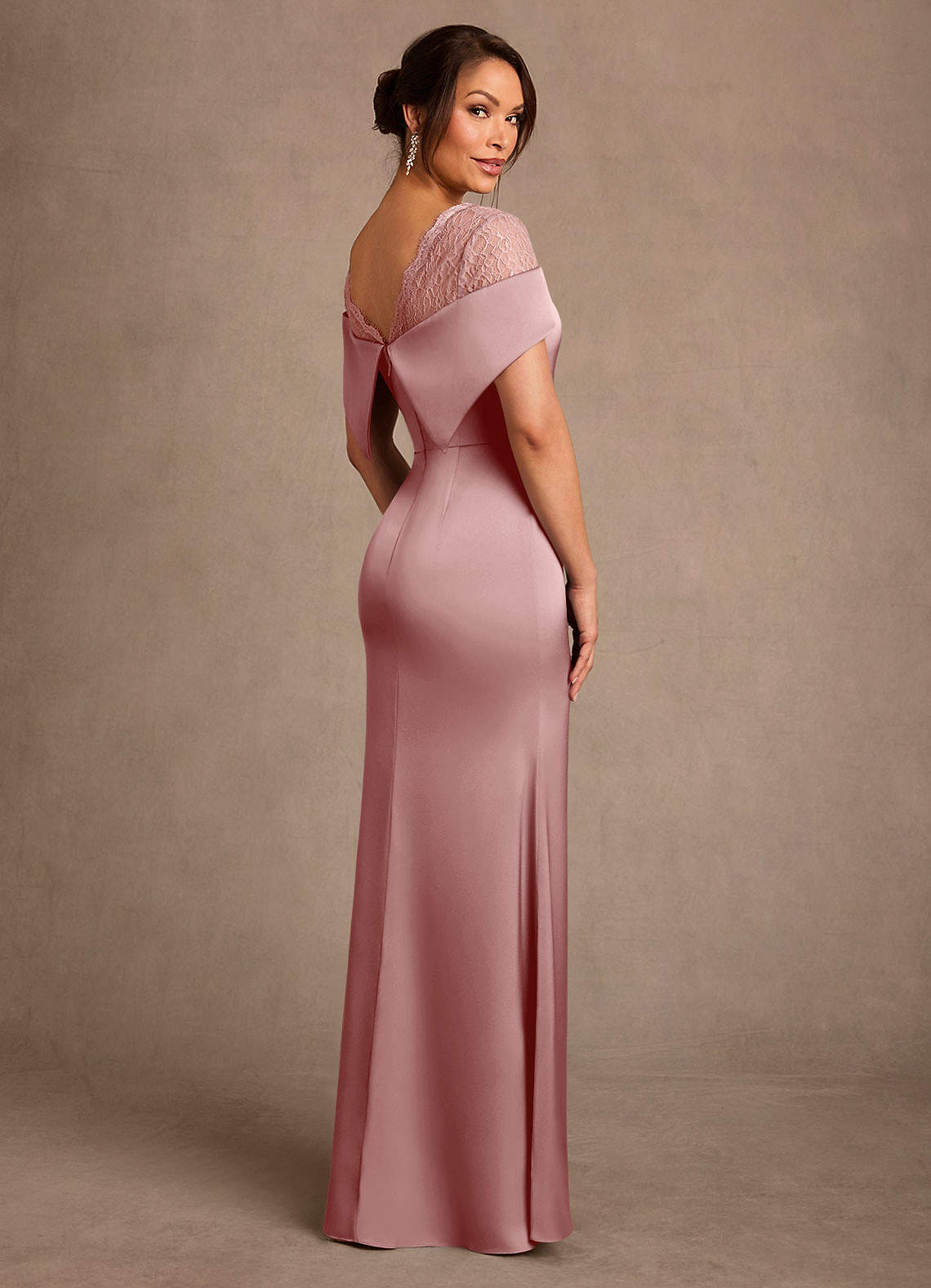 Henrieta Sheath Square-Neck Stretch Satin and Lace Mother of the Bride Dress in Dusty Rose