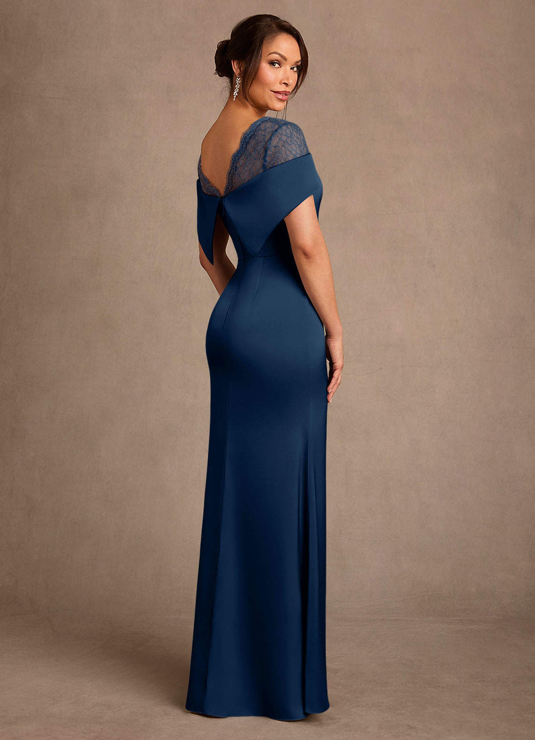 Henrieta Sheath Square-Neck Stretch Satin and Lace Mother of the Bride Dress in Dark Navy