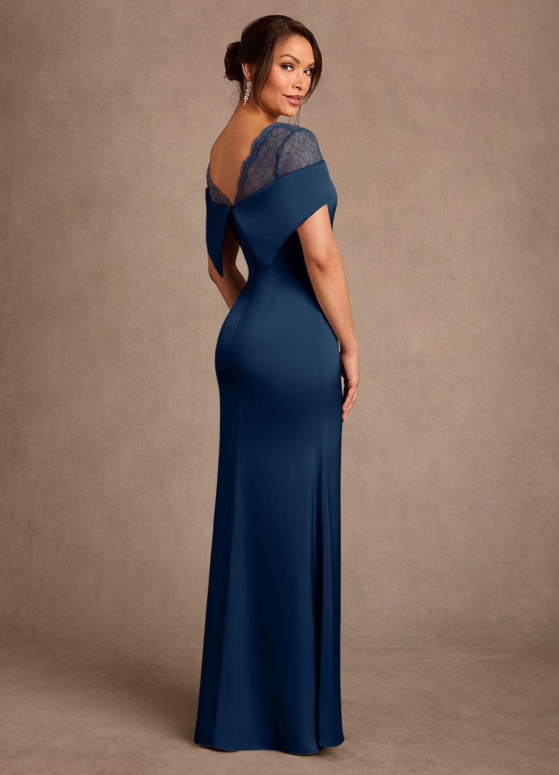 Henrieta Sheath Square-Neck Stretch Satin and Lace Mother of the Bride Dress in Dark Navy