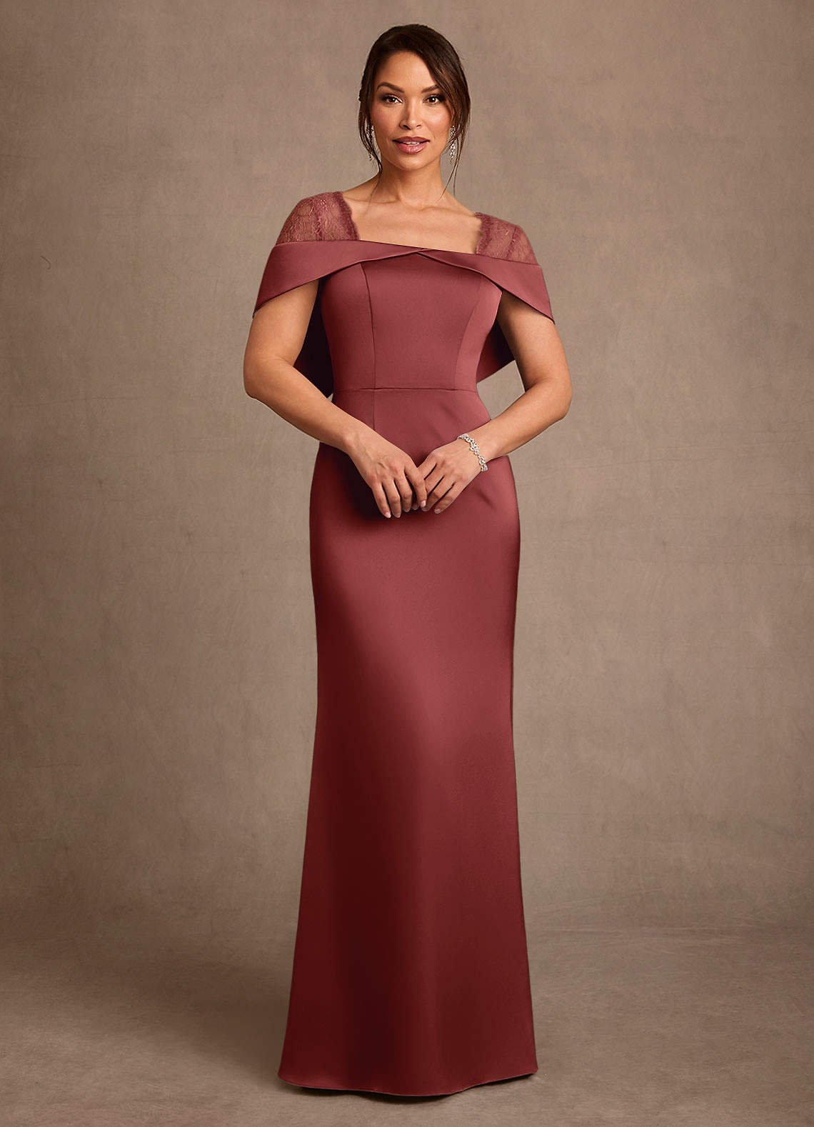 Henrieta Sheath Square-Neck Stretch Satin and Lace Mother of the Bride Dress in Terracotta
