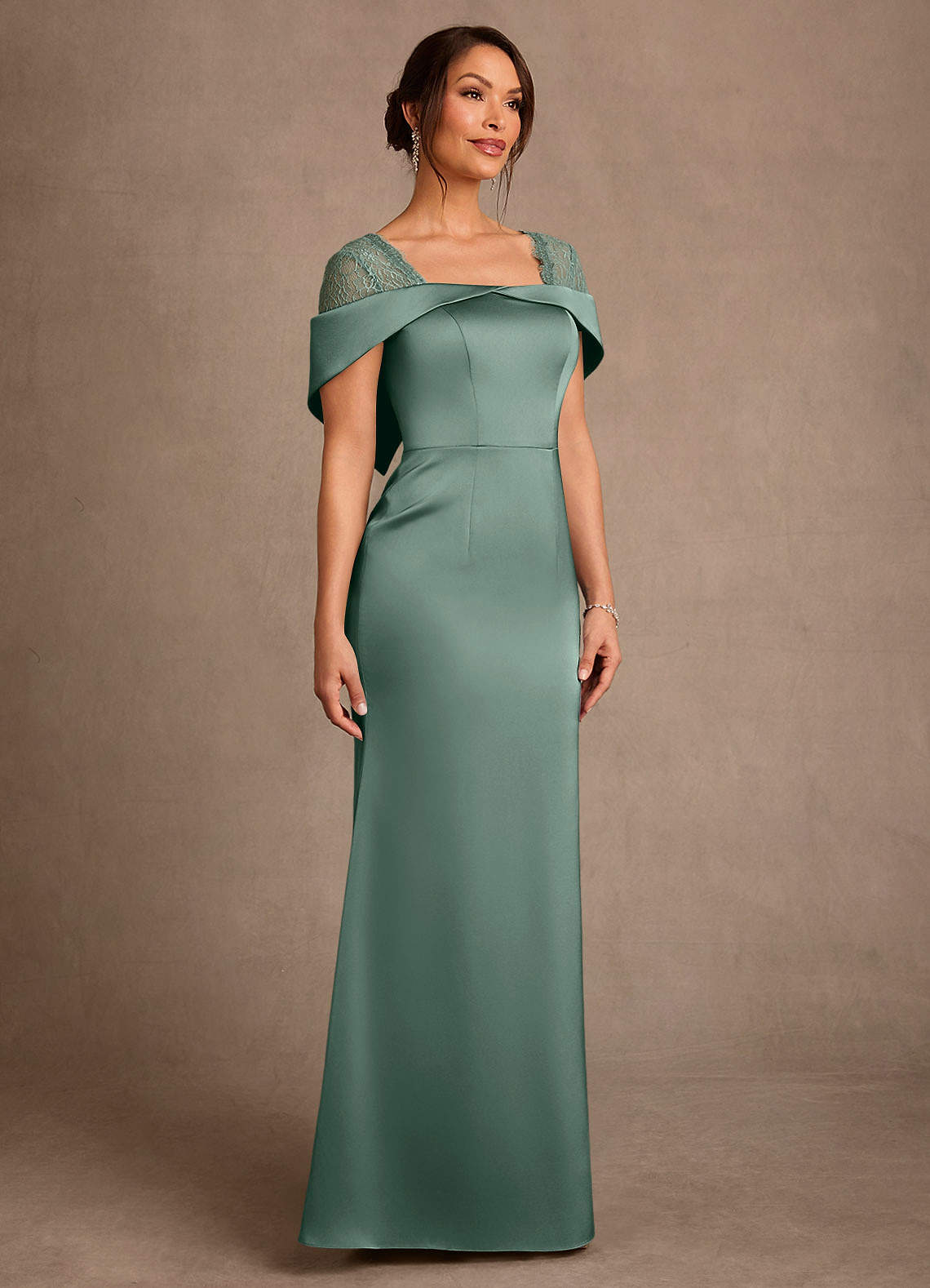 Henrieta Sheath Square-Neck Stretch Satin and Lace Mother of the Bride Dress in eucalyptus