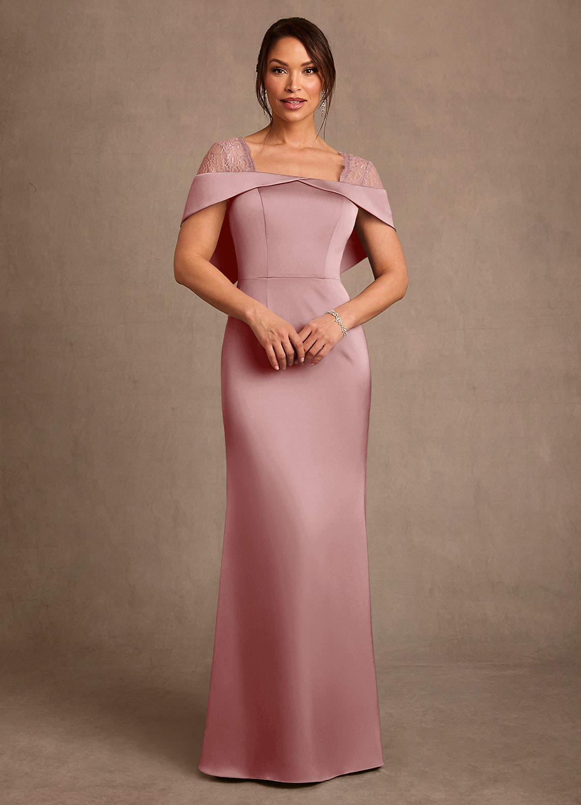 Henrieta Sheath Square-Neck Stretch Satin and Lace Mother of the Bride Dress in Dusty Rose