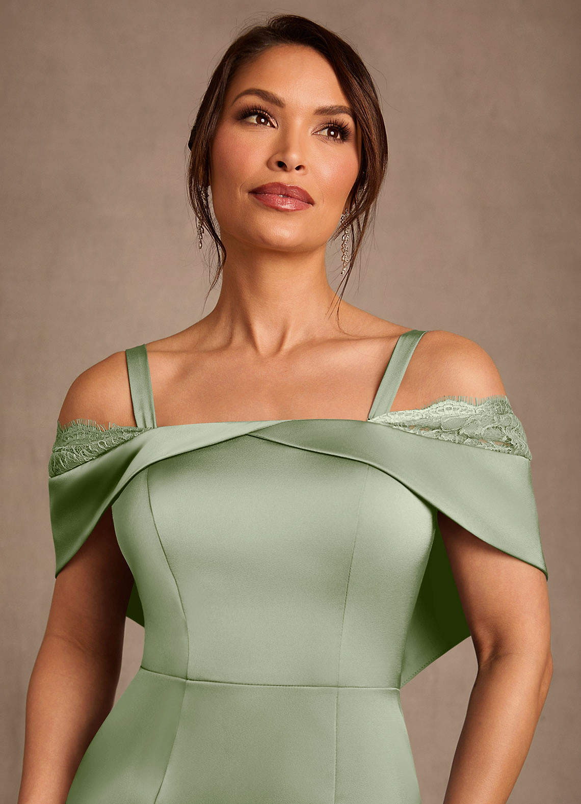 Henrieta Sheath Square-Neck Stretch Satin and Lace Mother of the Bride Dress in Dusty Sage