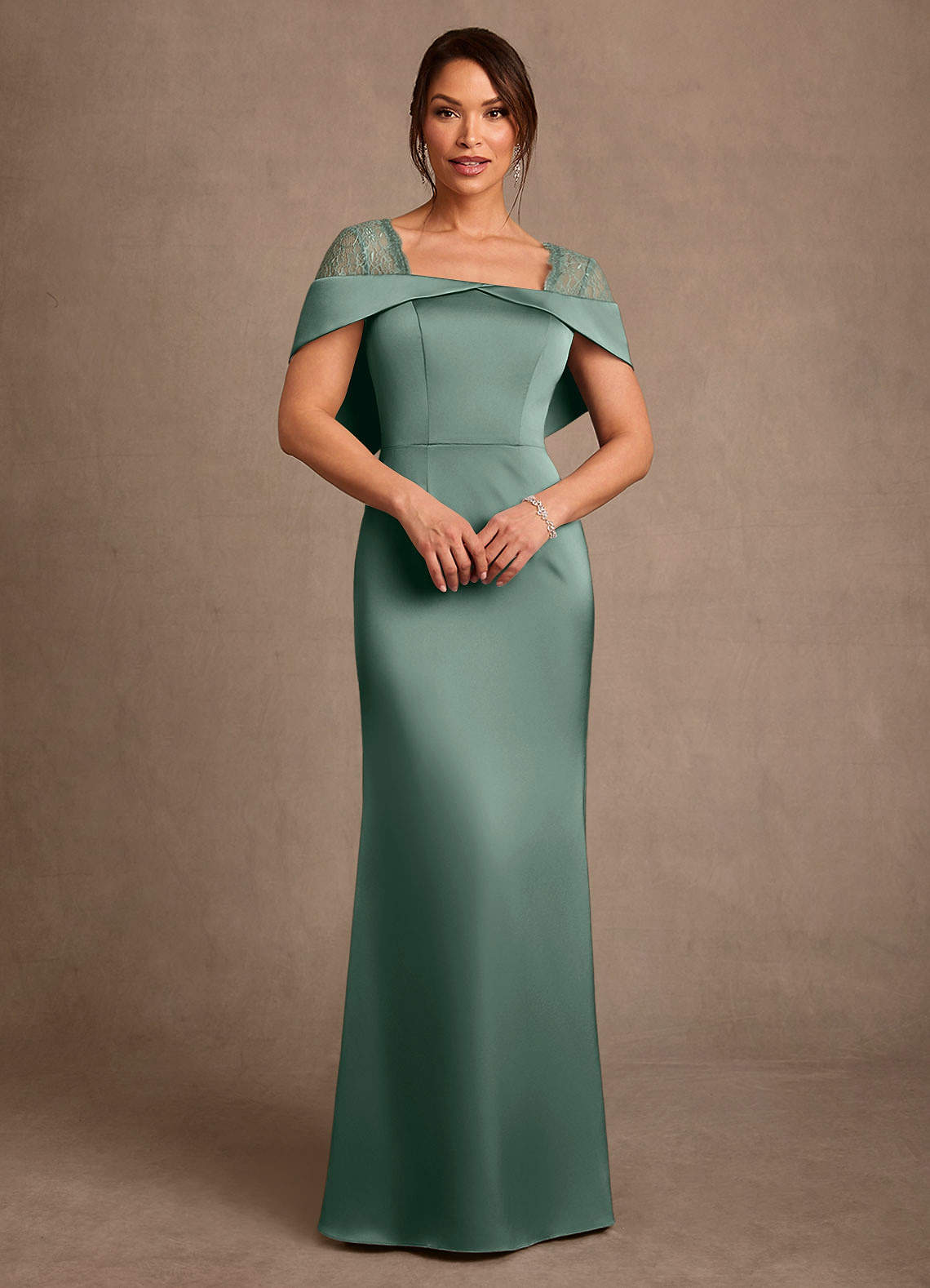 Henrieta Sheath Square-Neck Stretch Satin and Lace Mother of the Bride Dress in eucalyptus