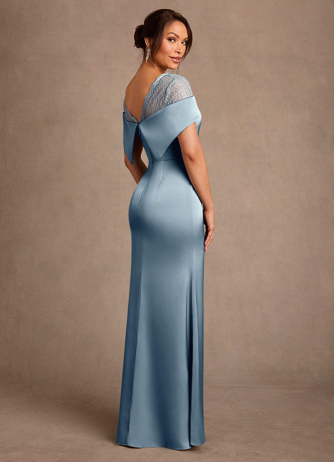 Henrieta Sheath Square-Neck Stretch Satin and Lace Mother of the Bride Dress in dusty blue